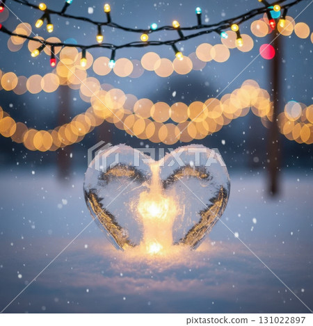 Heart shaped sparkler glowing in winter snow with warm bokeh light from string bulb creating magical xmas atmosphere plus romantic holiday celebration scene 131022897
