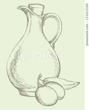 Vector drawing. Still life of oil in jug and olives sprigs 131023108