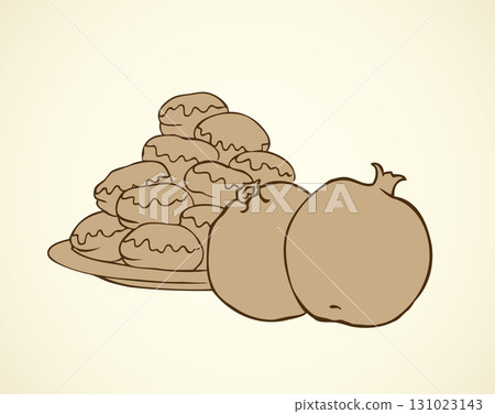 Ripe grenades near the dish with sweet donuts 131023143