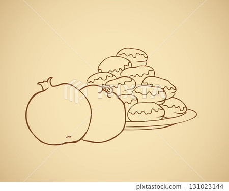 Ripe grenades near the dish with sweet donuts 131023144