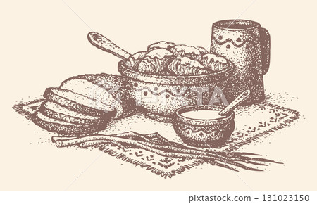 Vector still life. Slavic food: cabbage rolls, bread, leeks and kvass Vector still life. Slavic food: cabbage rolls, bread, leeks and kvass 131023150