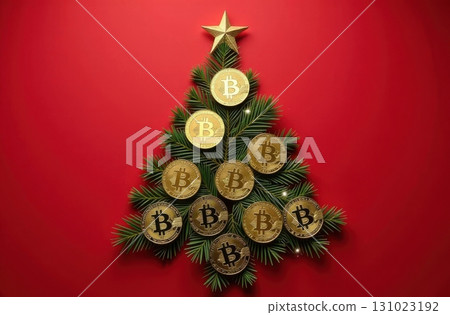 Christmas tree made of bitcoin coins, red background 131023192