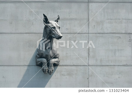 A relief of a dog jumping out of a concrete wall 131023404