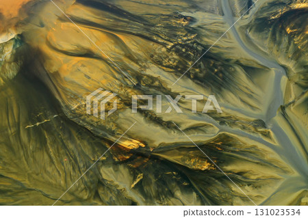 Aerial view of acid mine water drainage flow, toxic mine waters polluting the environment 131023534