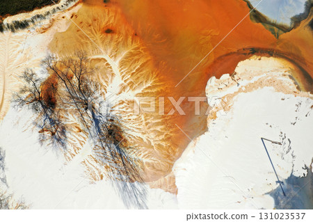 Aerial view of acid mine water drainage flow, toxic mine waters polluting the environment Aerial view of acid mine water drainage flow, toxic mine waters polluting the environment 131023537