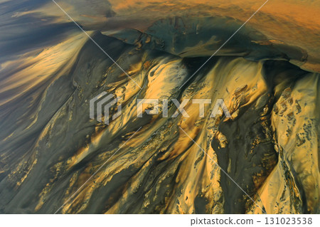 Aerial view of acid mine water drainage flow, toxic mine waters polluting the environment 131023538