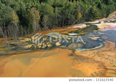 Aerial view of acid mine water drainage flow, toxic mine waters polluting the environment 131023540