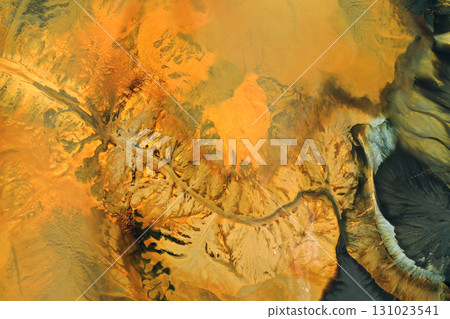 Aerial view of acid mine water drainage flow, toxic mine waters polluting the environment 131023541