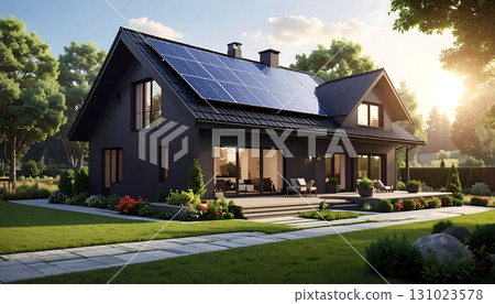 人工智慧生成的帶有花園和太陽能電池板的房屋圖像，營造出一種開放的感覺 131023578