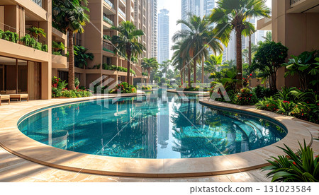 人工智慧生成的具有熱帶度假村氛圍的高層塔樓和酒店泳池圖像 131023584