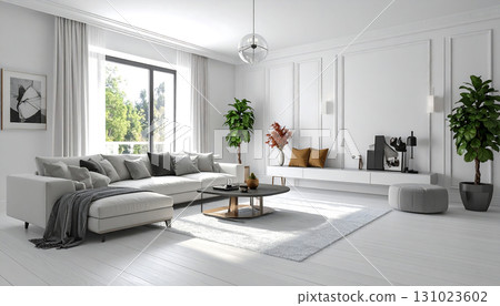 時尚的白色客廳，陽光透過大窗戶傾瀉而入。 “AI 生成的圖像” 131023602