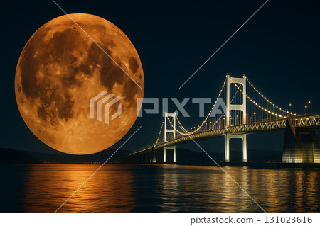 巨大的月全食和閃亮的海峽大橋的夢幻夜景(人工智慧生成的圖像) 巨大的月全食和閃亮的海峽大橋的夢幻夜景(人工智慧生成的圖像) 131023616