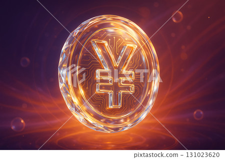 人工智慧生成的具有未來感、光折射、透明且融合了電路圖案的 JPYC 穩定幣影像 131023620