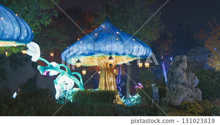 Beijing, China. Large Lantern Composition At Zigong Lantern Festival. Visualization Of Lighting Composition Of Waterfalls, Full Moon And Chinese Pailou Traditional Gates. Pailou, Paifang Is Style Of Beijing, China. Large Lantern Composition At Zigong Lantern Festival. Visualization Of Lighting Composition Of Waterfalls, Full Moon And Chinese Pailou Traditional Gates. Pailou, Paifang Is Style Of 131023819