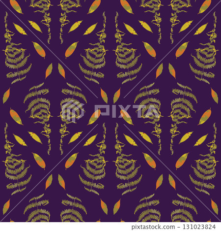 Seamless pattern with dried yellow fern leaves on deep purple background. Wild forest plant wallpaper. Boho botanical texture 131023824