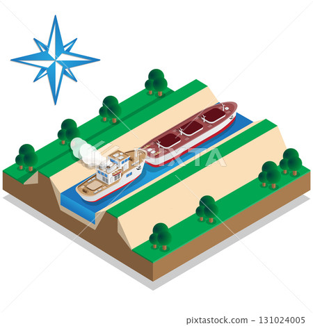 The ship is pushing the barge. Isometric. Vector illustration.  131024005