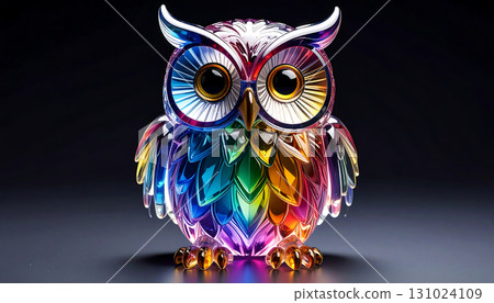 "AI-generated image" - a figurine of a rainbow-colored glass owl that emits a fantastic and happy glow 131024109