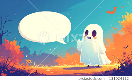 萬聖節背景插圖“AI 生成圖像”,其中的鬼魂和對話泡泡出現在秋色的森林中 萬聖節背景插圖“AI 生成圖像”,其中的鬼魂和對話泡泡出現在秋色的森林中 131024112