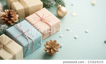 gift boxes with Christmas ornament on soft color background gift boxes with Christmas ornament on soft color background 131024233