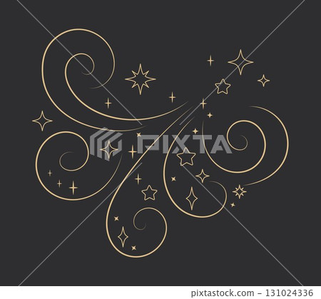 Golden swirl ornament with sparkling stars and shining decorative light on dark background. Elegant cosmic pattern, magical fantasy design element for celebration, luxury, night sky, universe 131024336