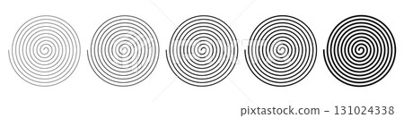 Spiral icons. Editable stroke. Set of five black spiral line patterns, abstract circular swirl collection, hypnotic vortex design elements, geometric concentric rotation shapes for decoration and art 131024338