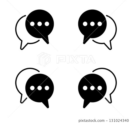 Chat bubble icon set with overlapping speech balloon symbols, minimal black and white communication pictograms, dialogue design elements for web, mobile app, social media, conversation interface 131024340