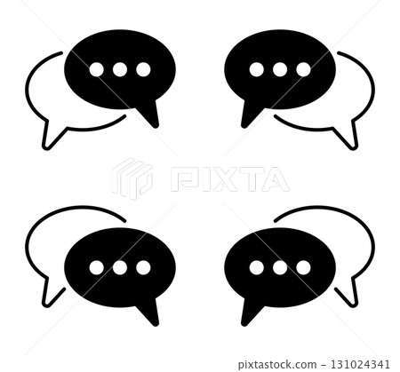 Chat bubble icon collection with overlapping dialogue symbols, minimal black and white communication pictograms, conversation design set for web, mobile app, social media, digital interface 131024341