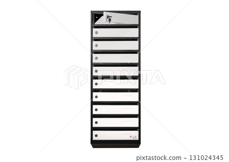 Mail boxes filled of leaflets and letters. Shallow DOF,Mailboxes and Lock in Rows at Entrance 131024345