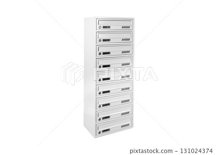 Mail boxes filled of leaflets and letters. Shallow DOF,Mailboxes and Lock in Rows at Entrance 131024374