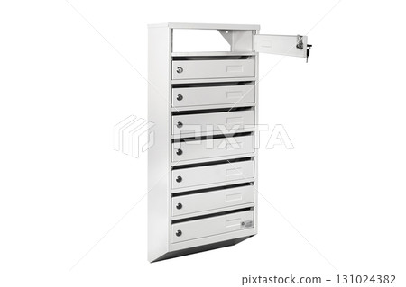 Mail boxes filled of leaflets and letters. Shallow DOF,Mailboxes and Lock in Rows at Entrance Mail boxes filled of leaflets and letters. Shallow DOF,Mailboxes and Lock in Rows at Entrance 131024382
