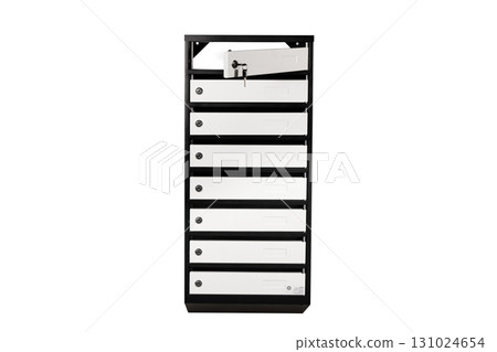 Mail boxes filled of leaflets and letters. Shallow DOF,Mailboxes and Lock in Rows at Entrance 131024654