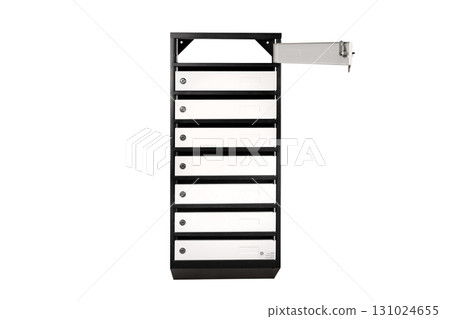 Mail boxes filled of leaflets and letters. Shallow DOF,Mailboxes and Lock in Rows at Entrance 131024655