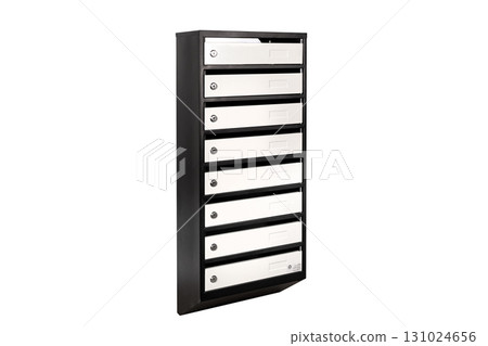 Mail boxes filled of leaflets and letters. Shallow DOF,Mailboxes and Lock in Rows at Entrance 131024656