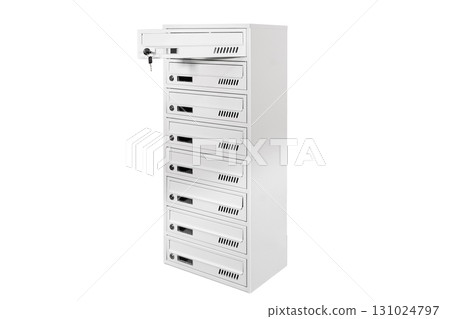 Mail boxes filled of leaflets and letters. Shallow DOF,Mailboxes and Lock in Rows at Entrance 131024797