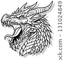 Black and white drawing of a dragons head 131024849