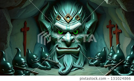 The king and his guard a fantasy encounter. A fantasy scene depicts a large mystical creature with green skin and luminous green eyes, wearing a crown adorned with diamonds. 131024866