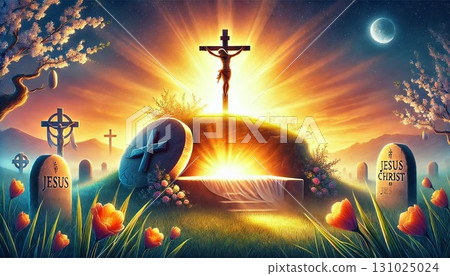 耶穌基督的復活：日出時的空墳墓和十字架 131025024