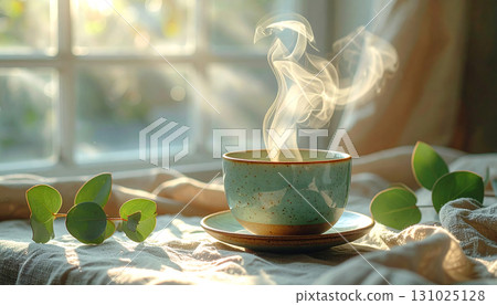 "AI-generated image" of a quiet coffee break with a steaming teacup by the window as the morning sun shines in "AI-generated image" of a quiet coffee break with a steaming teacup by the window as the morning sun shines in 131025128