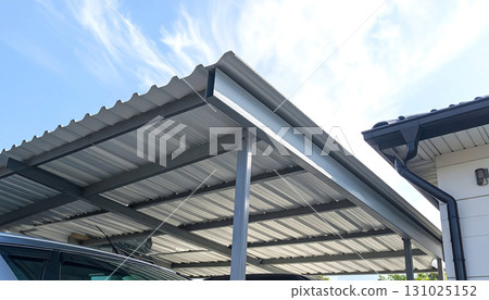 Architectural detail of a carport roof seen from below (AI-generated image) 131025152