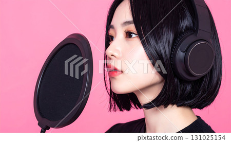 人工智慧生成的一位美麗的年輕女子肖像，她有著深色的頭髮，戴著耳機，背景色彩鮮豔 131025154