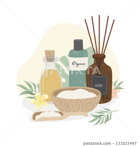 Natural beauty products decorated with tropical leaves on white background. Aroma diffuser, sea salt, essential oil, lotion. Concept of simple skincare, bodycare, aromatherapy and spa vector Natural beauty products decorated with tropical leaves on white background. Aroma diffuser, sea salt, essential oil, lotion. Concept of simple skincare, bodycare, aromatherapy and spa vector 131025497