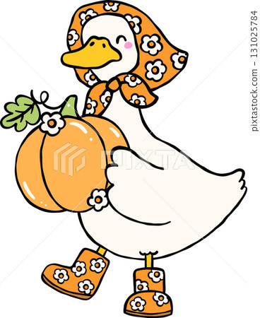 Autumn Silly Goose Holding Pumpkins with Fall Leaves Cartoon Hand Drawn 131025784