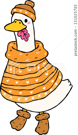 Autumn Silly Goose Wearing Sweater Winter Clothes Cartoon Hand Drawn 131025785