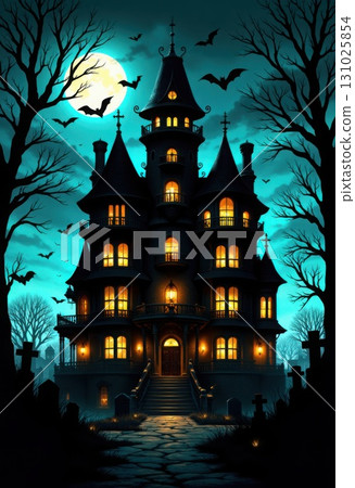 Eerie Halloween Mansion with Full Moon and Bats in the Night Sky 131025854