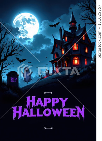 Eerie Halloween Night Scene with Haunted House and Full Moon 131025857