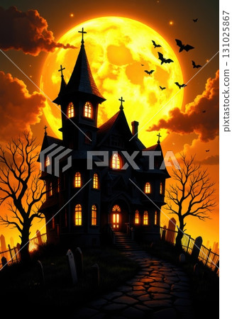 Haunted House on a Hill with Full Moon and Bats 131025867