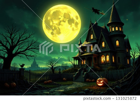 Haunted house under full moon with witch flying on broomstick Halloween night Haunted house under full moon with witch flying on broomstick Halloween night 131025872