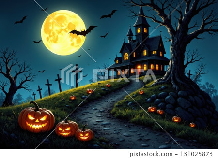 Haunted house with pumpkins bats and moonlight on spooky Halloween night Haunted house with pumpkins bats and moonlight on spooky Halloween night 131025873