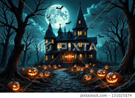 Haunted mansion under full moon with spooky pumpkins Halloween night Haunted mansion under full moon with spooky pumpkins Halloween night 131025874