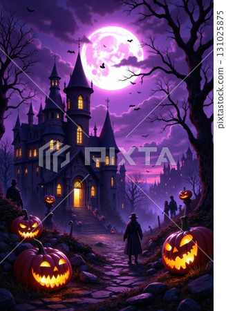Mysterious Halloween Night with Castle Pumpkins and Full Moon Spooky Vibes 131025875